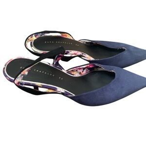 Zara Blue Peep Toe Slingback Kitten Heels Shoes Floral Trim Fairy Office Sz 8